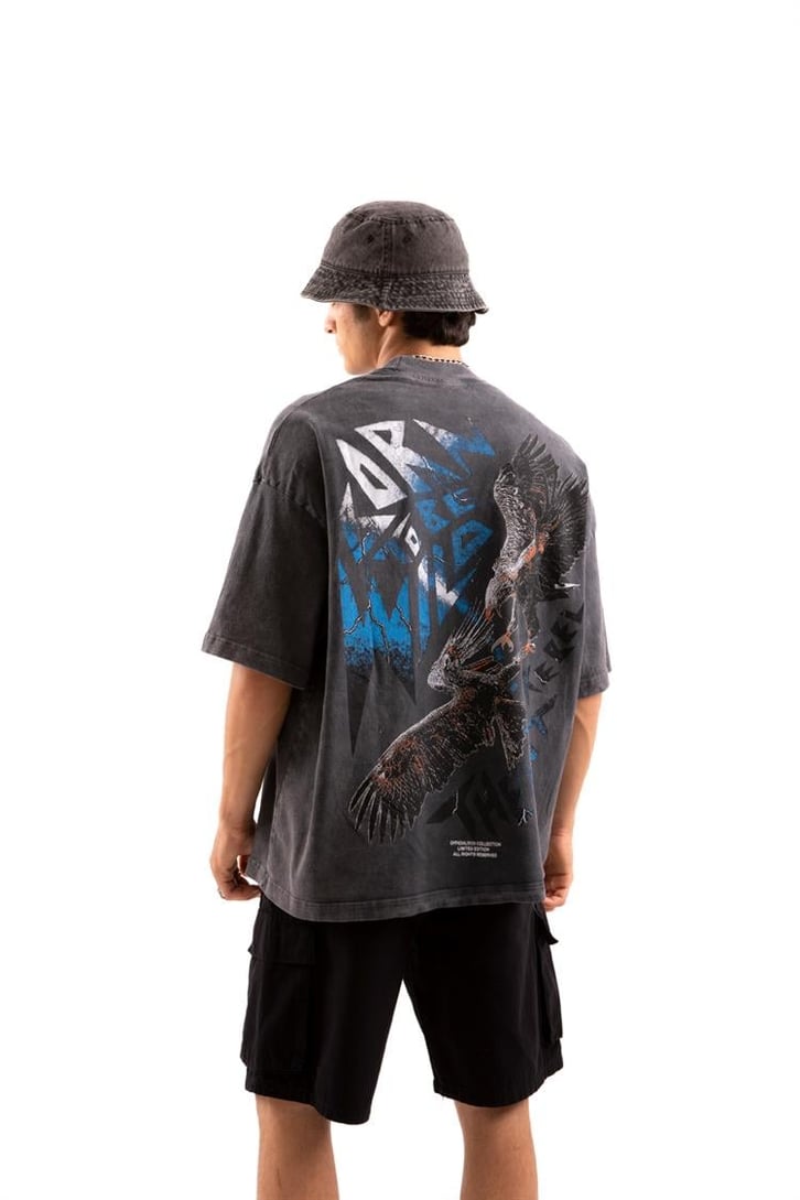 Born Wild Baskılı Acid Wash Oversize Tişört