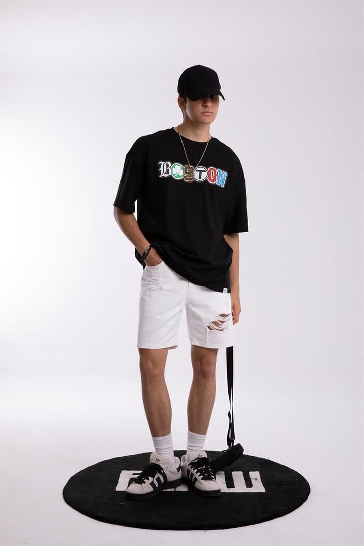 Boston Baskılı Siyah Oversize Tişört