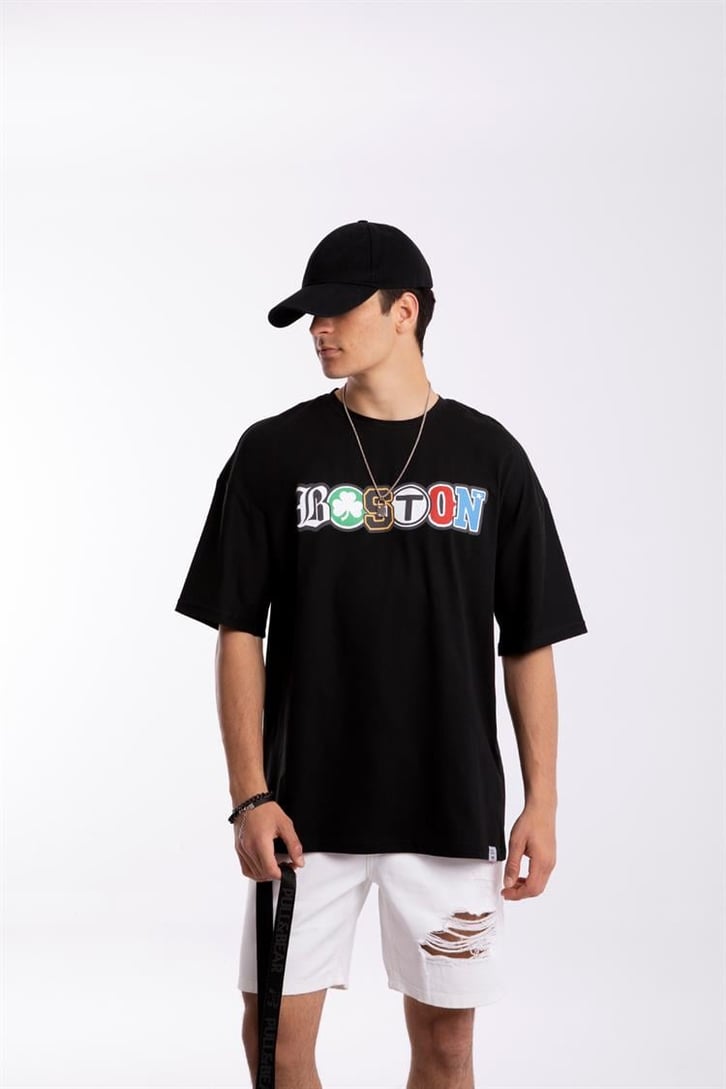 Boston Baskılı Siyah Oversize Tişört