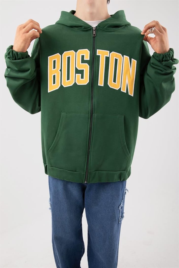 Boston Baskılı Yeşil Zip Hoodie