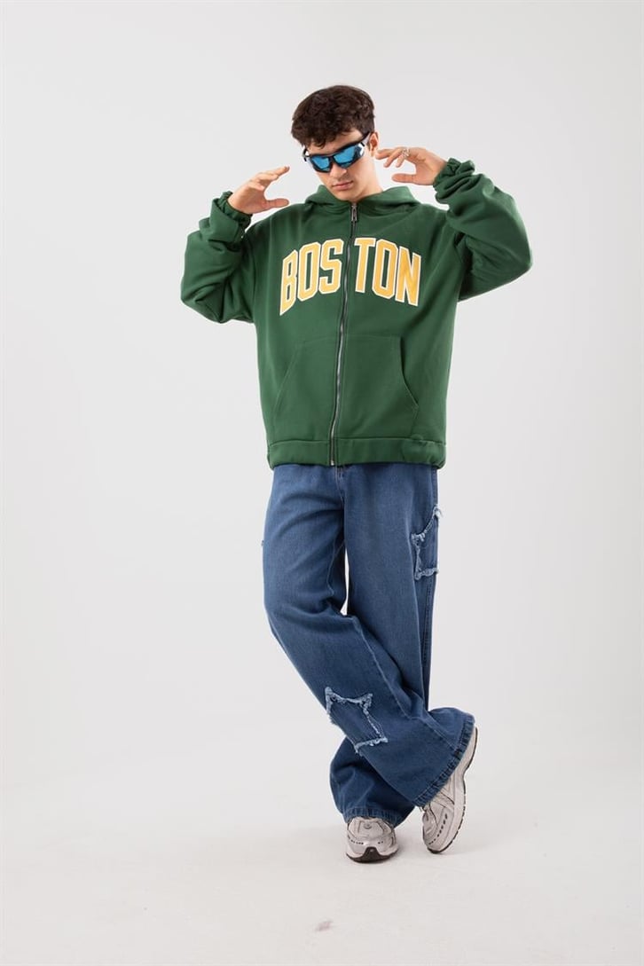 Boston Baskılı Yeşil Zip Hoodie