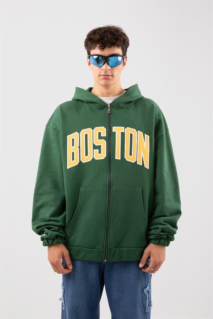 Boston Baskılı Yeşil Zip Hoodie