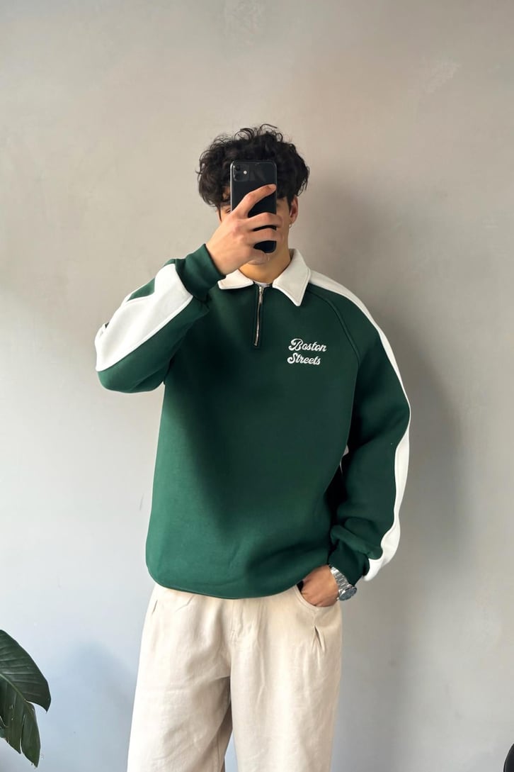 Boston Streets Nakışlı Polo Yaka Sweatshirt