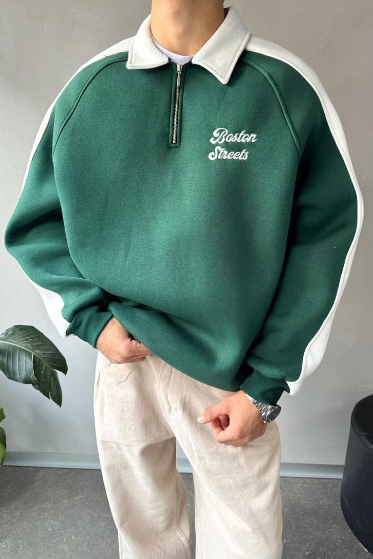 Boston Streets Nakışlı Polo Yaka Sweatshirt