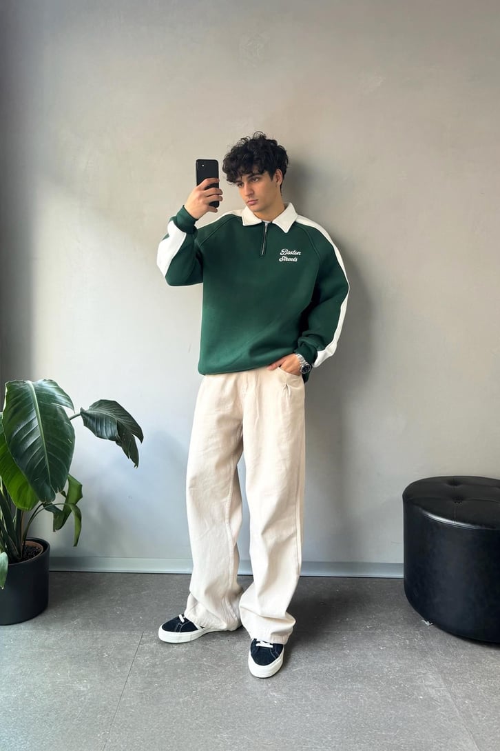 Boston Streets Nakışlı Polo Yaka Sweatshirt