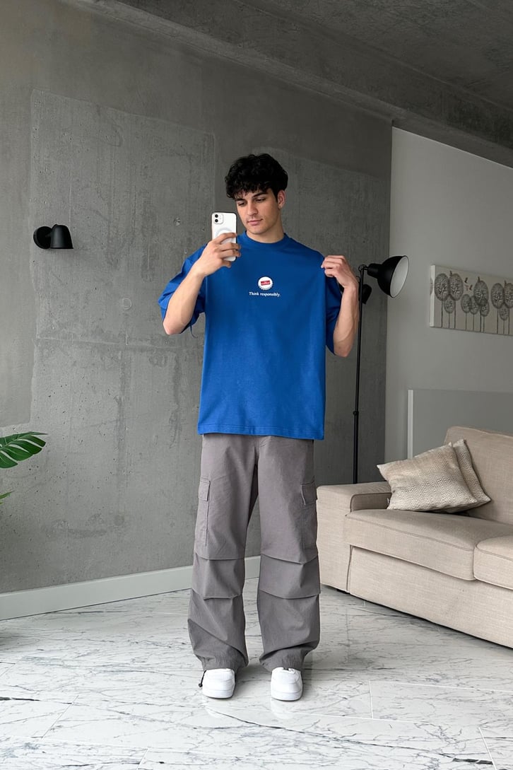 Bottle Cap Baskılı Mavi Oversize Tişört