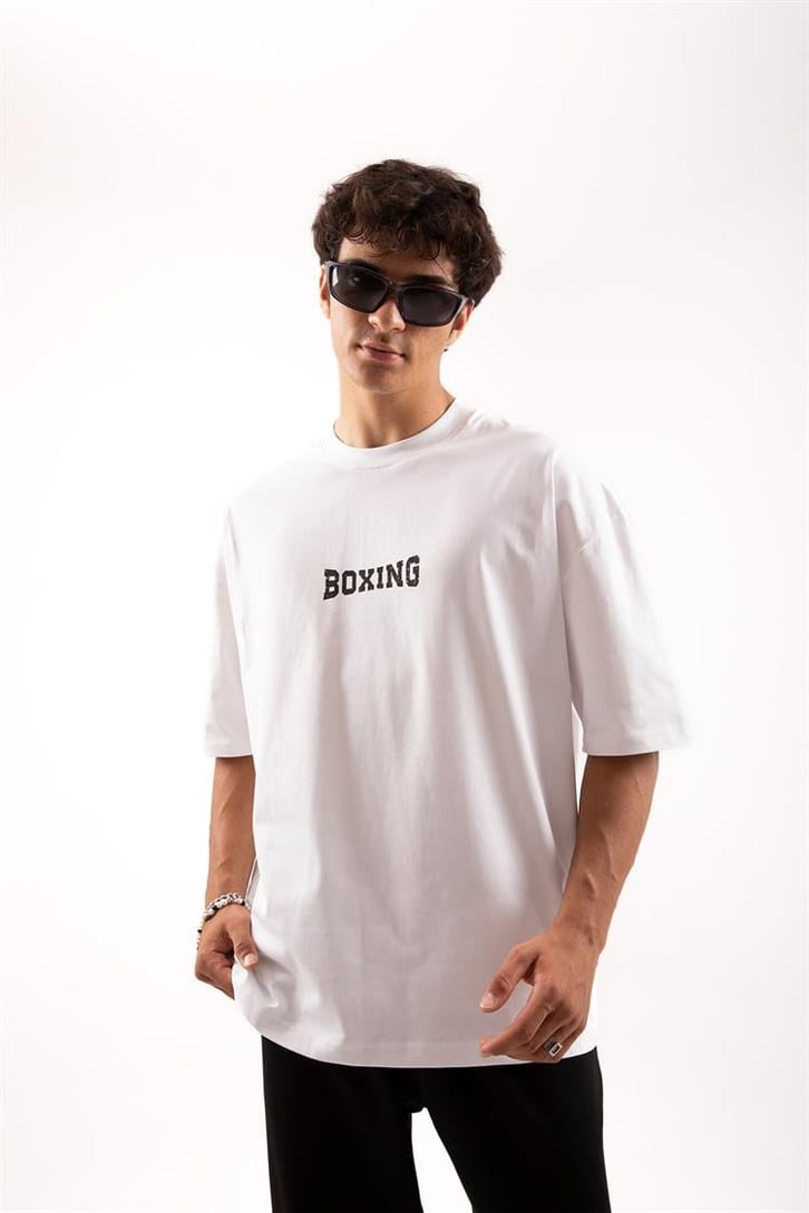 Boxing Baskılı Beyaz Oversize Tişört