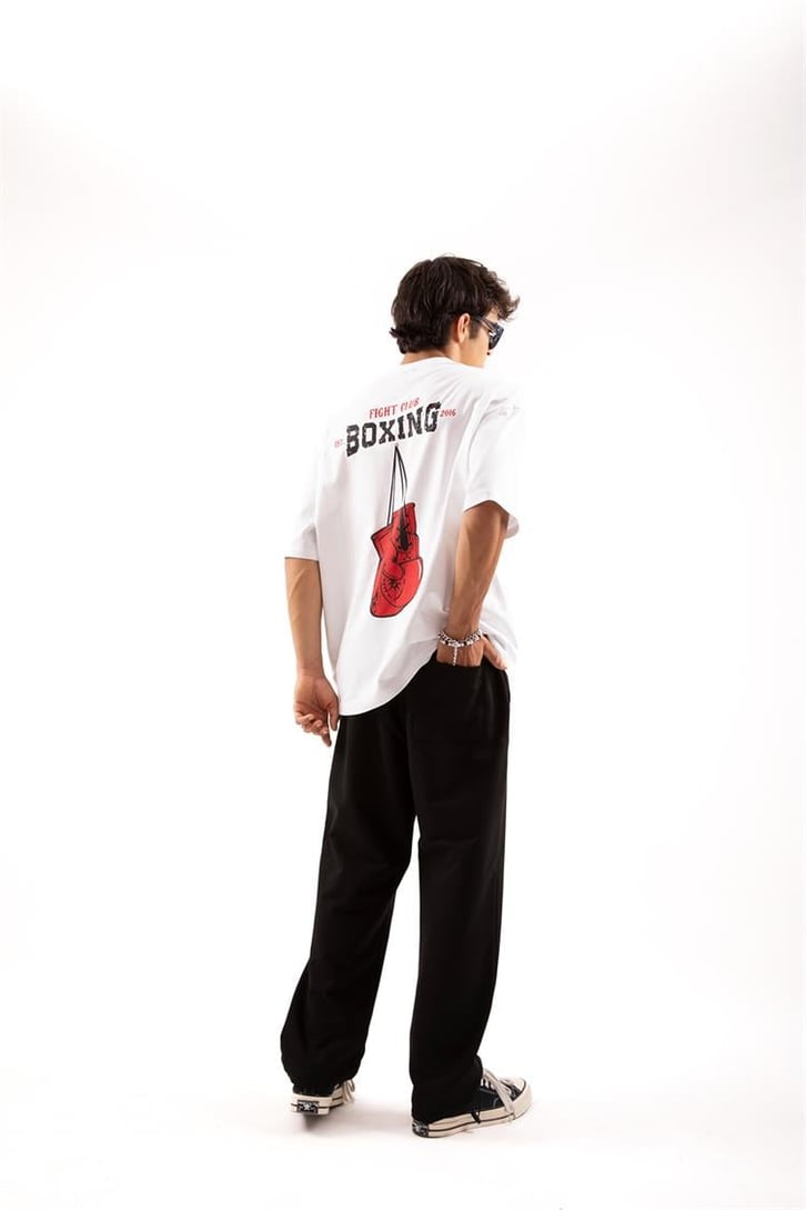Boxing Baskılı Beyaz Oversize Tişört