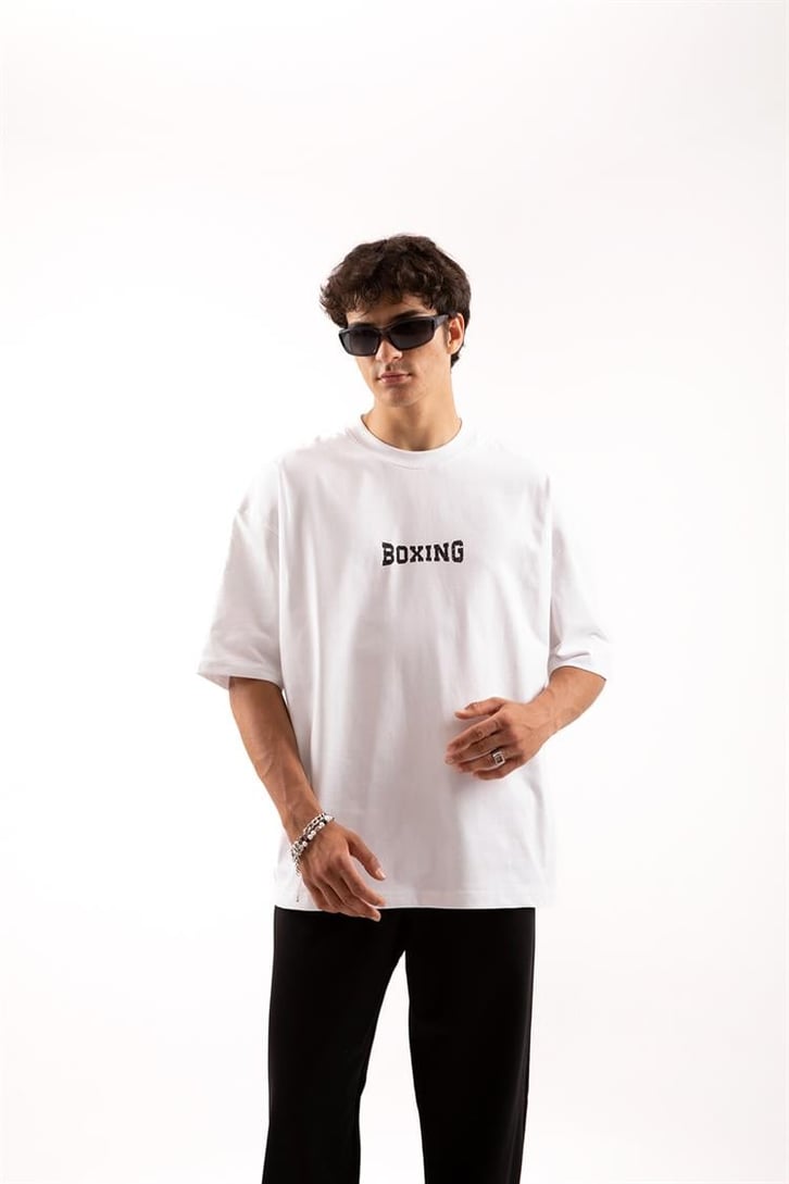 Boxing Baskılı Beyaz Oversize Tişört