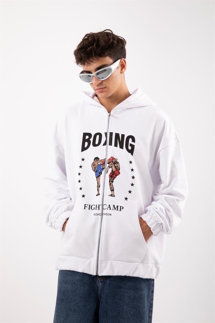 Boxing Fight Camp Beyaz Zip Oversize Hoodie