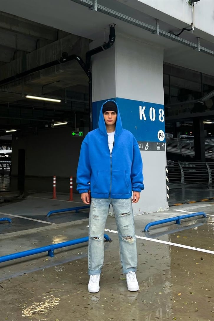 Boya Detaylı Lazerli Mavi Regular Fit Jean
