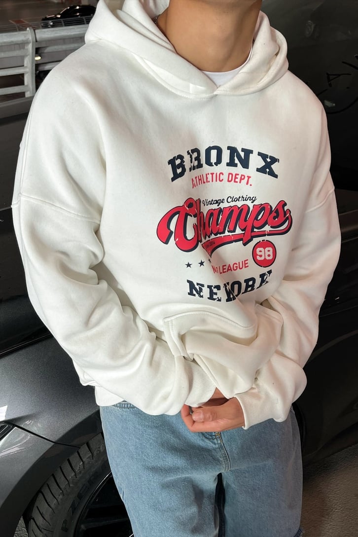 Bronx Champs Baskılı Beyaz Oversize Sweatshirt