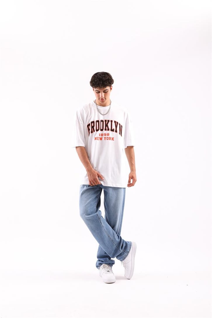 Brooklyn Baskılı Beyaz Oversize Tshirt