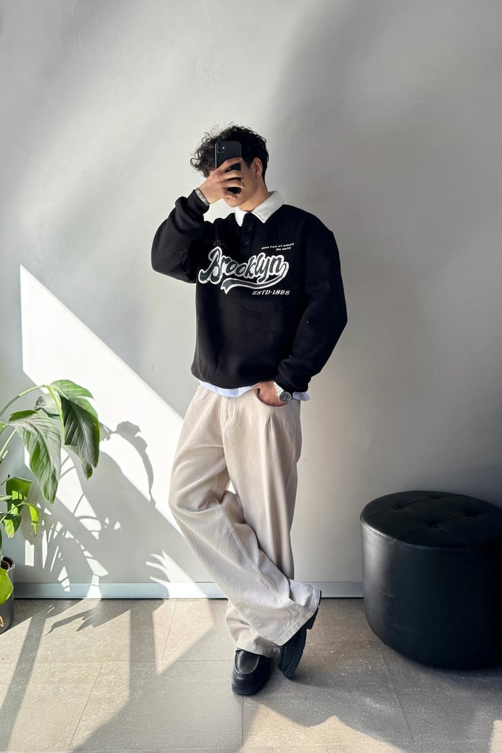 Brooklyn Baskılı Renkli Polo Yaka Sweatshirt
