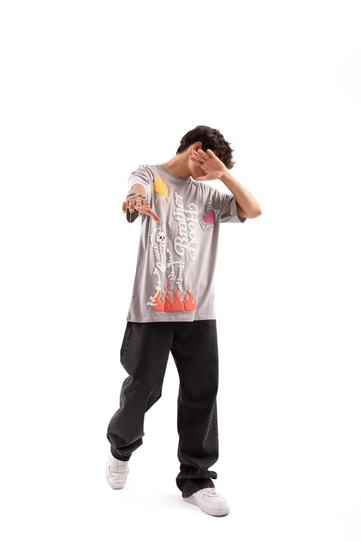 Brotherhood Baskılı Gri Oversize Tişört