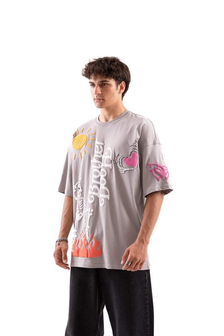 Brotherhood Baskılı Gri Oversize Tişört