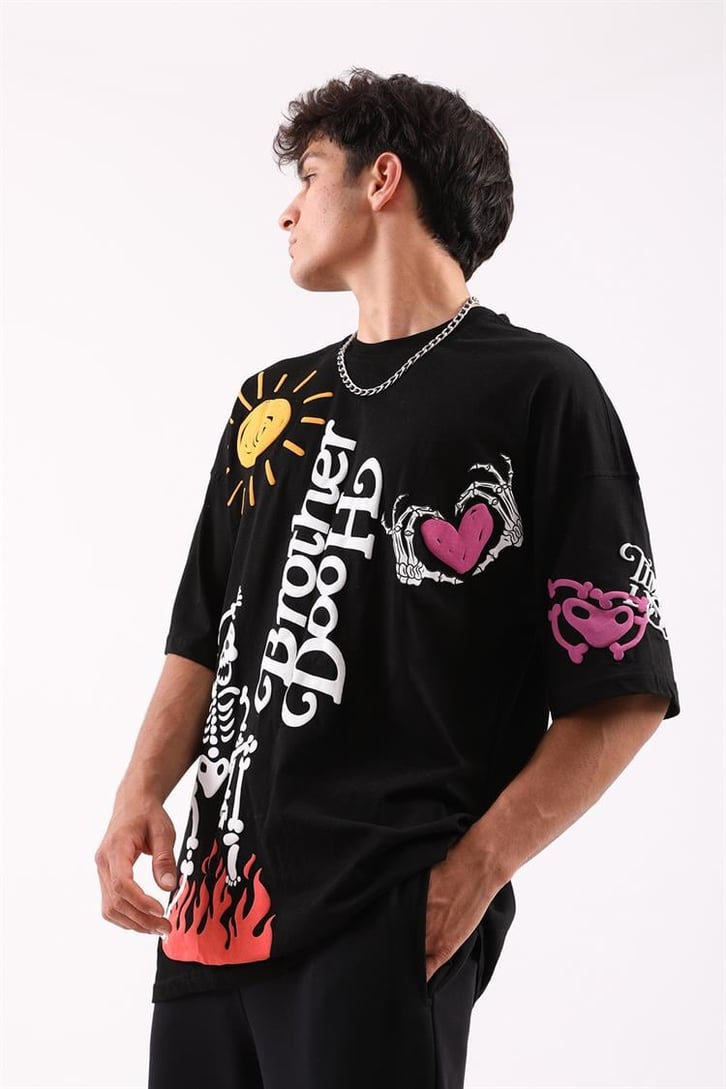 Brotherhood Siyah Baskılı Oversize Tişört