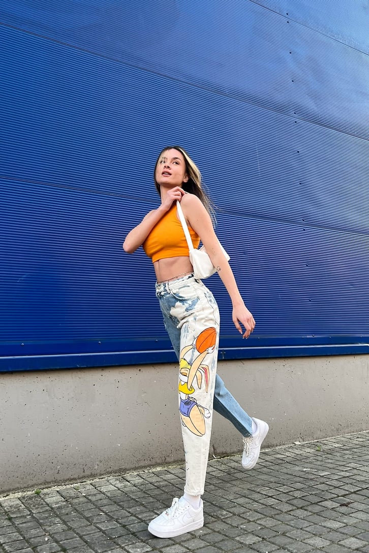 Bunny Baskılı Ripped Detay Mavi Jean