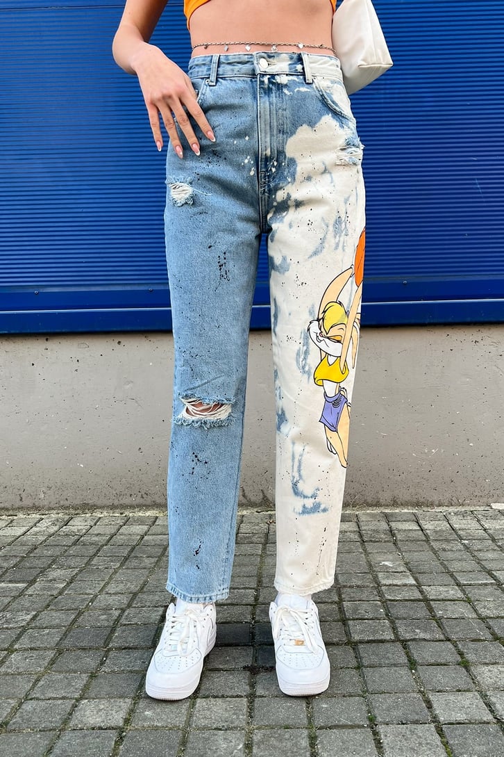 Bunny Baskılı Ripped Detay Mavi Jean