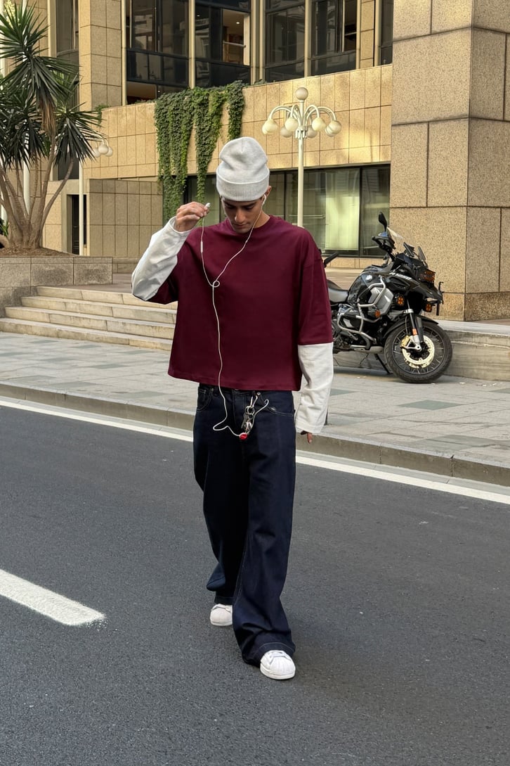 Burgundy-Ecru Long Sleeve Tee
