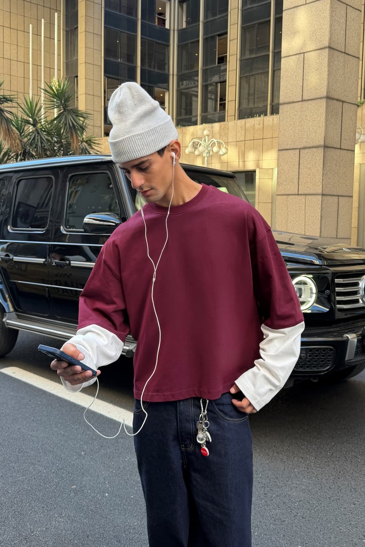 Burgundy-Ecru Long Sleeve Tee
