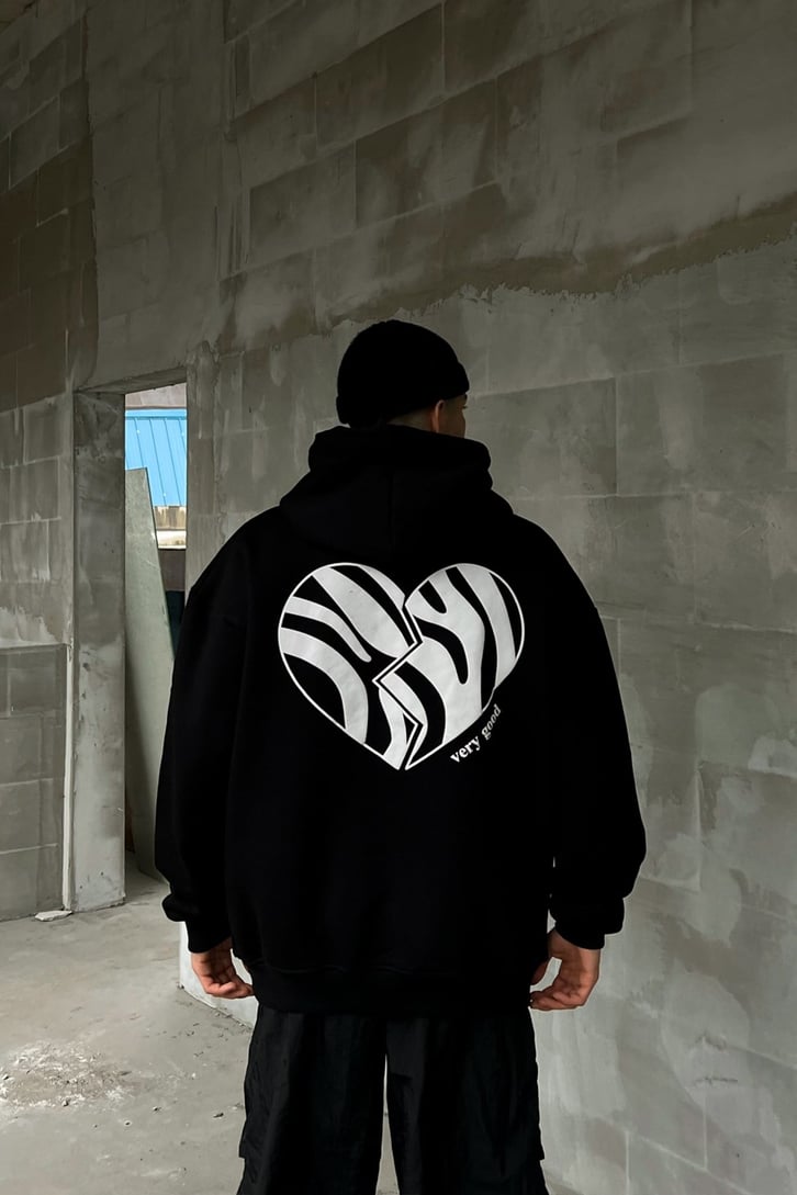 Buried Feather Baskılı Siyah Oversize Hoodie