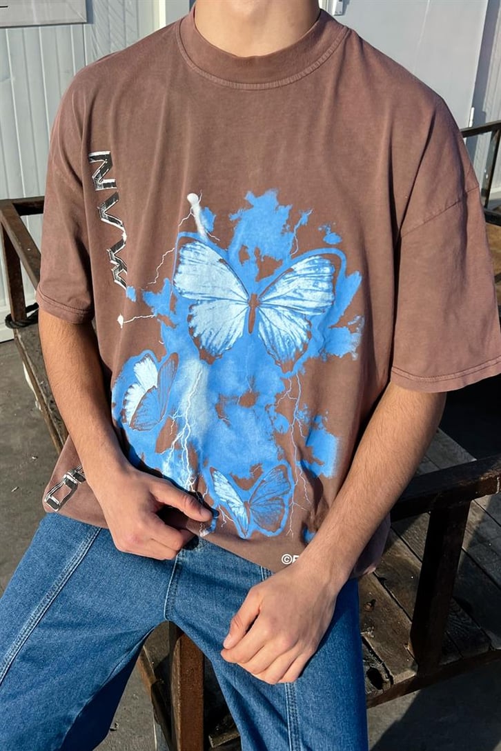 Butterfly Baskılı Vişne Oversize Tişört