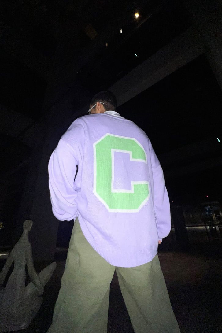 C Letter Oversize Gri Triko Kazak