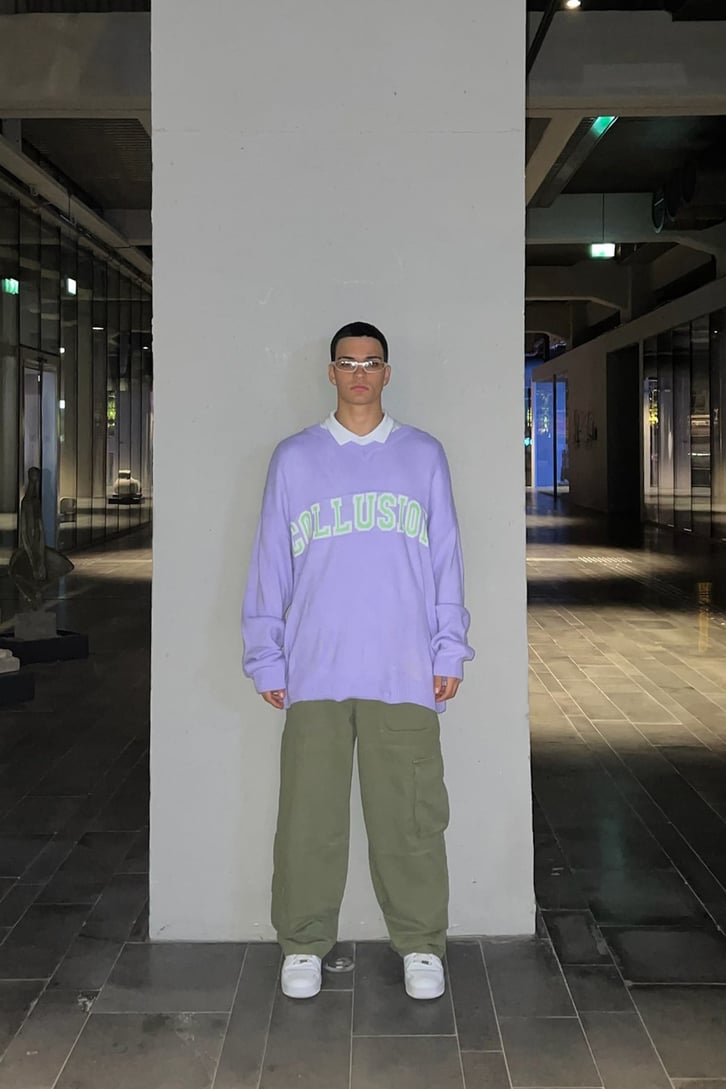 C Letter Oversize Gri Triko Kazak