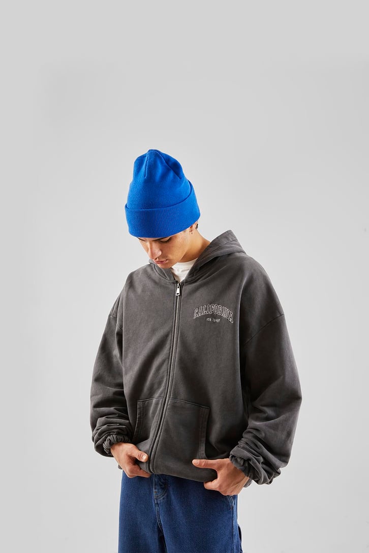 California Nakışlı Antrasit Zip Hoodie