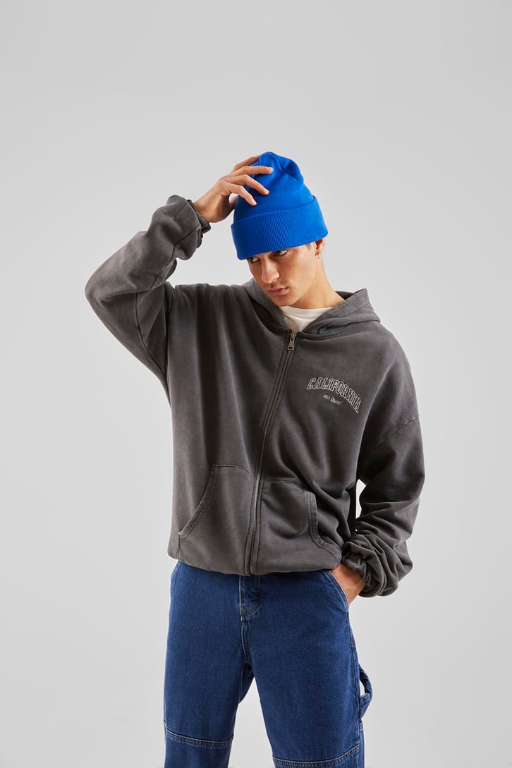 California Nakışlı Antrasit Zip Hoodie