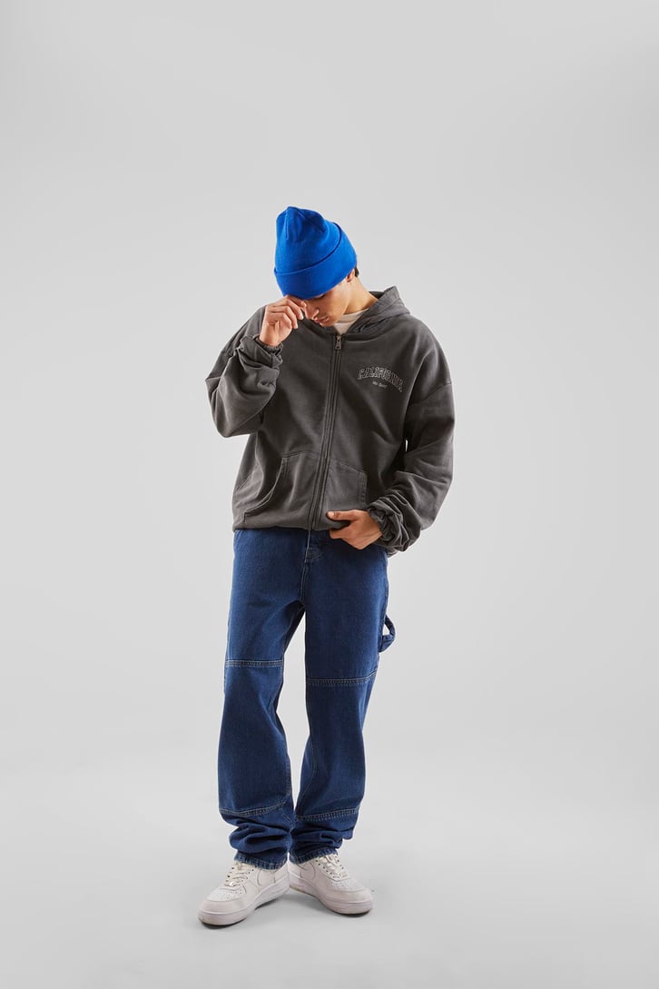 California Nakışlı Antrasit Zip Hoodie