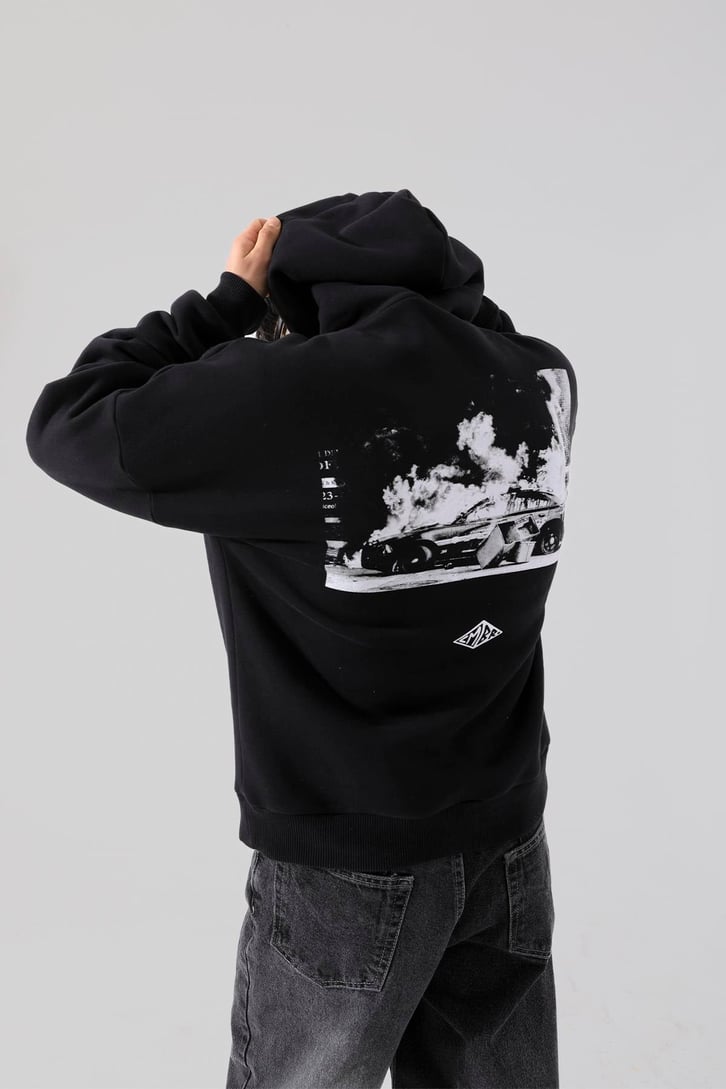 Canver Nakışlı Siyah Oversize Hoodie