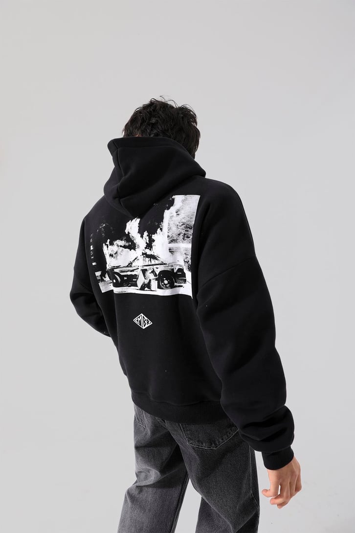 Canver Nakışlı Siyah Oversize Hoodie