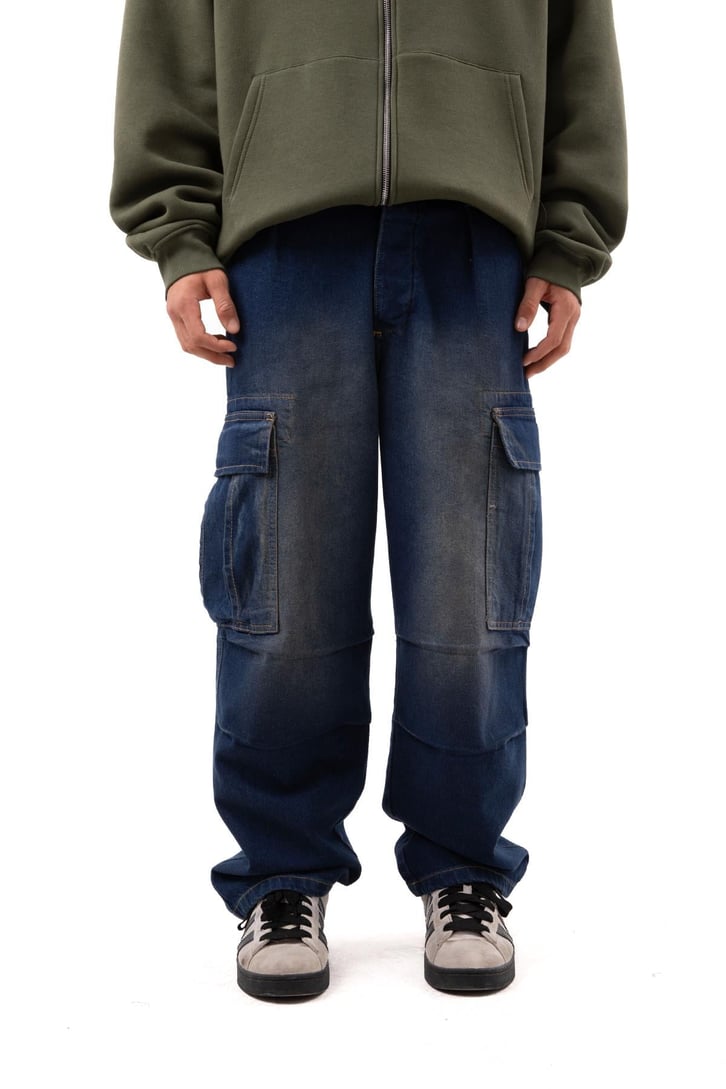 Cargo Pocket Lacivert Baggy Jean