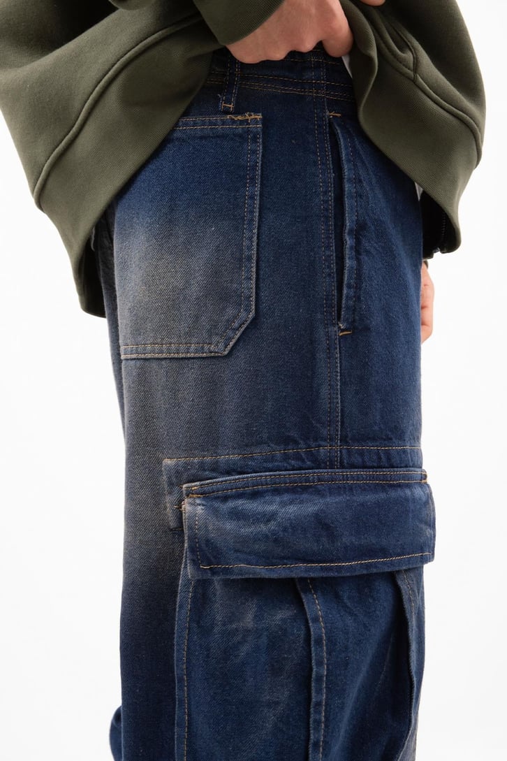 Cargo Pocket Lacivert Baggy Jean