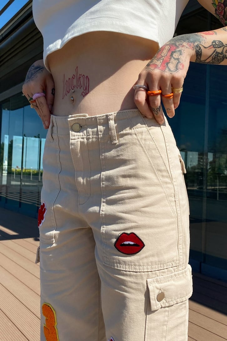 Cargo Pocket Patch Detay Bej Baggy Panrtolon