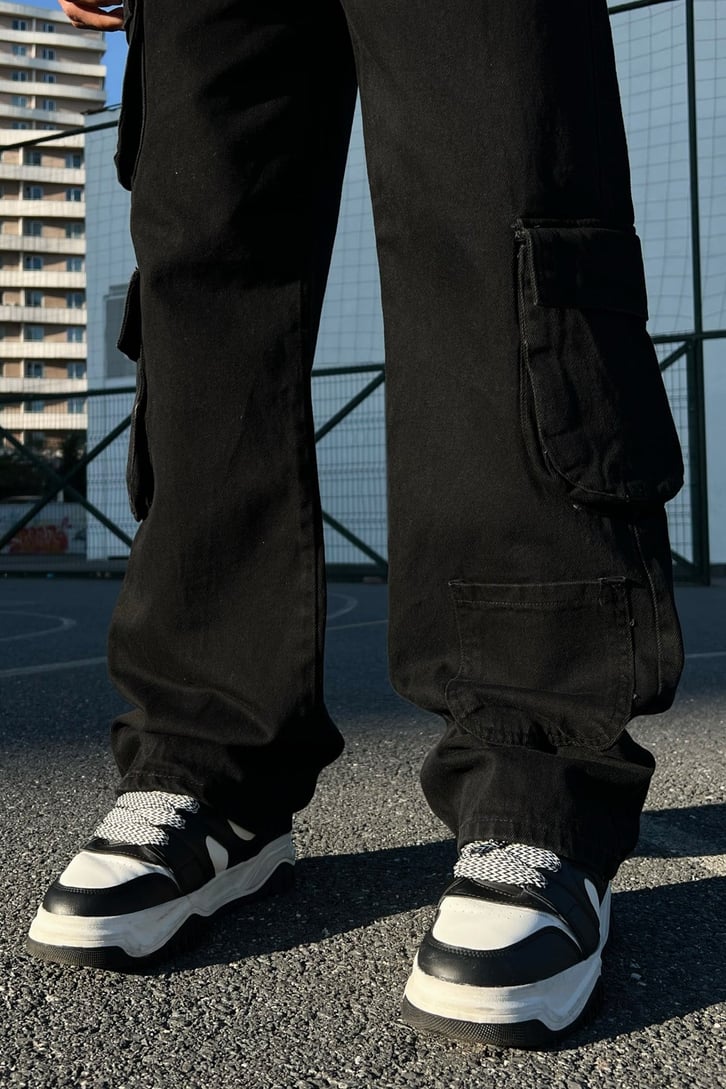 Cargo Pocket Siyah Baggy Jean