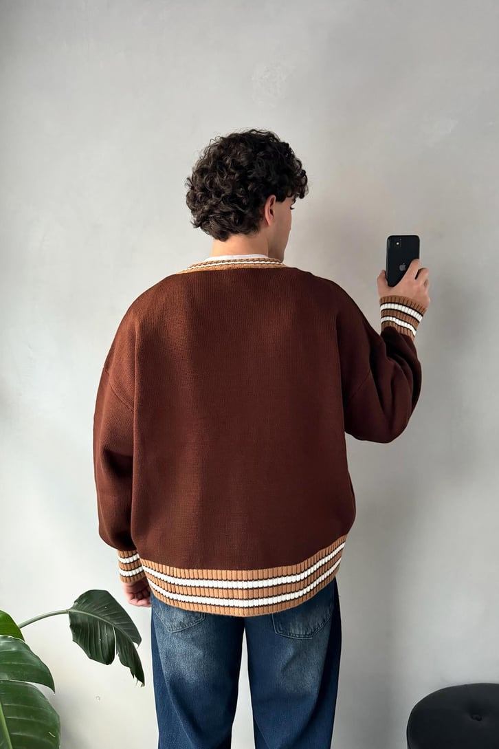 Cartez Nakışlı Çizgili Oversize Kazak
