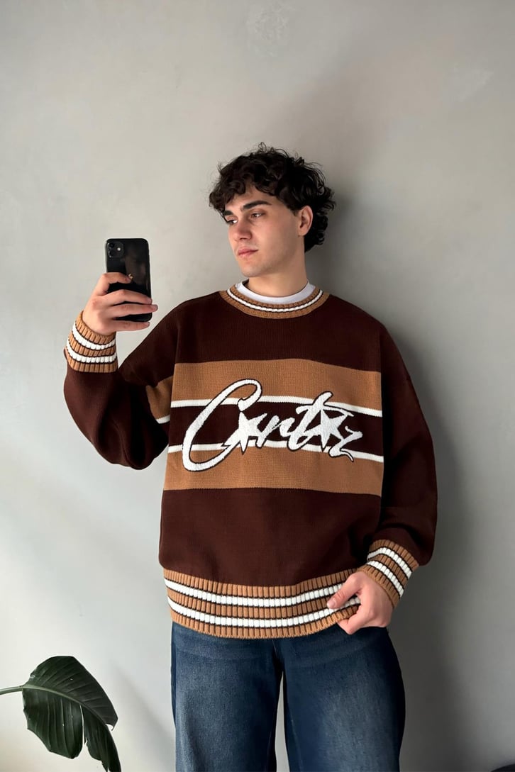 Cartez Nakışlı Çizgili Oversize Kazak