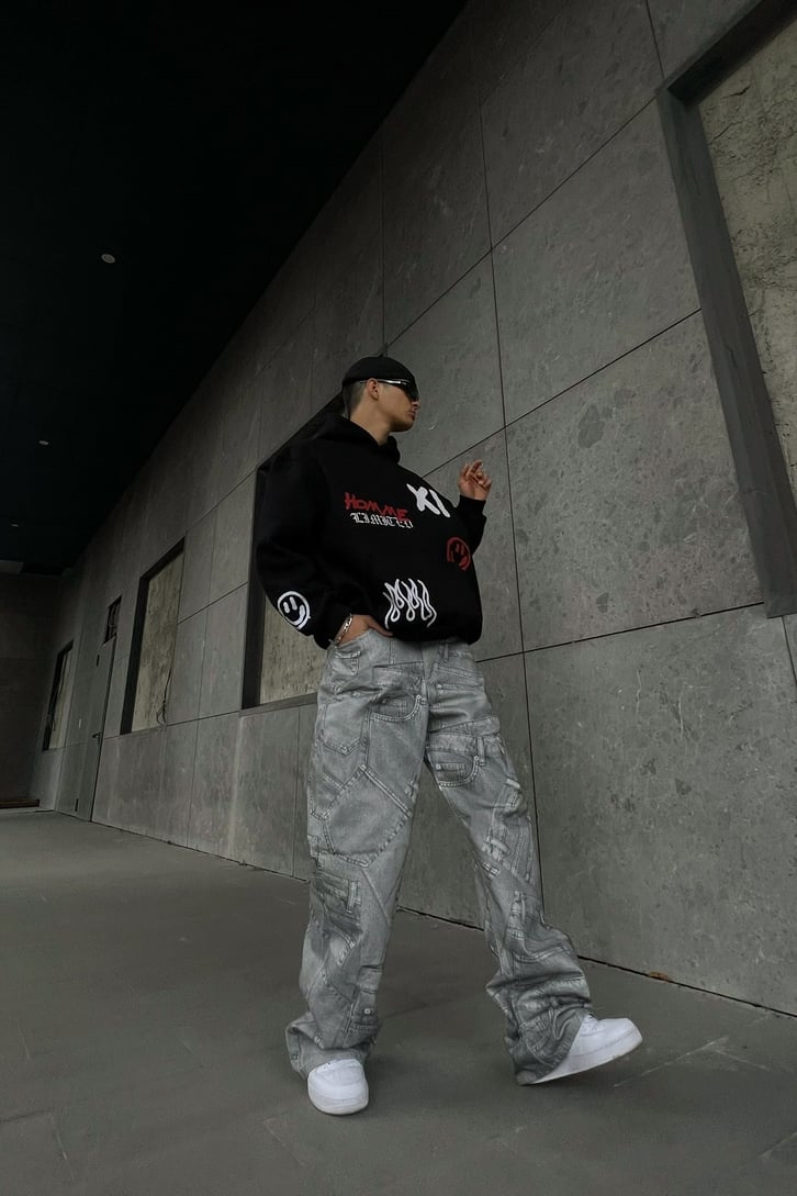 Cep Desenli Gri Baggy Jean