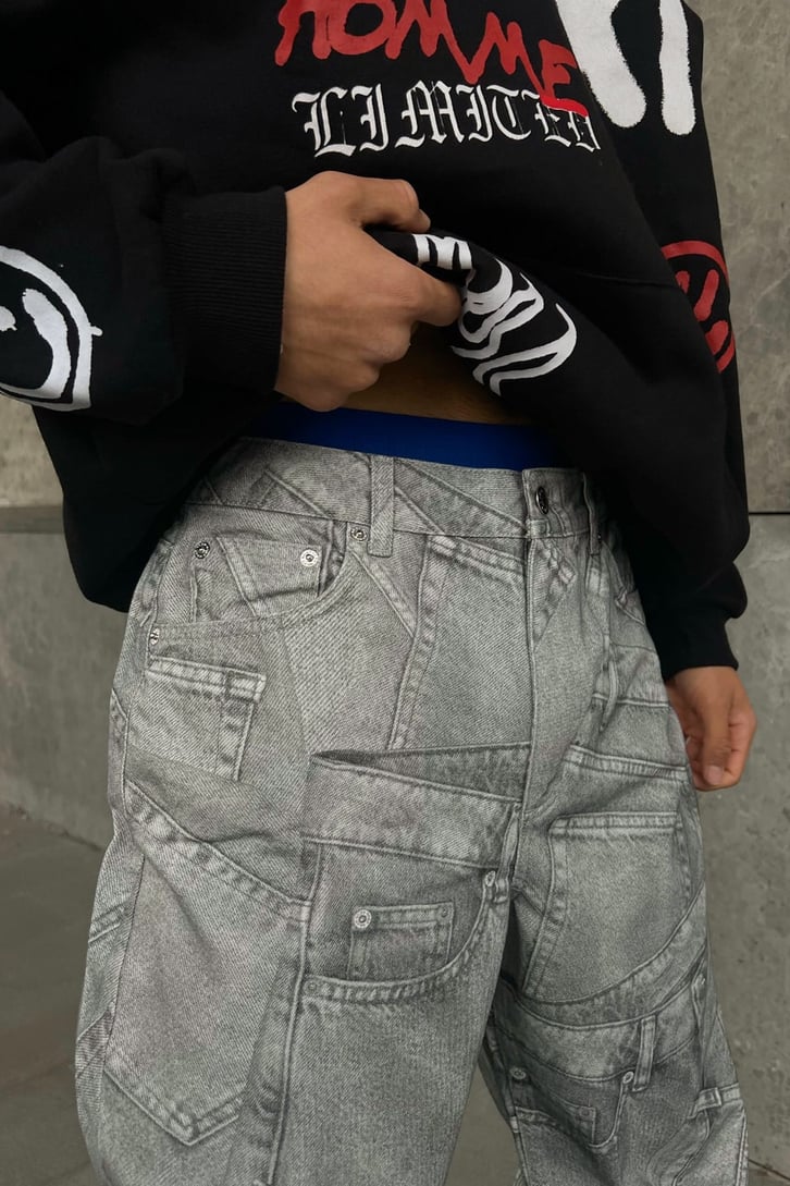 Cep Desenli Gri Baggy Jean