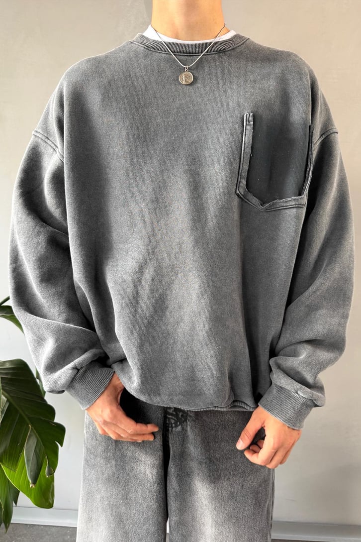 Cep Detay Bisiklet Yaka Sweatshirt