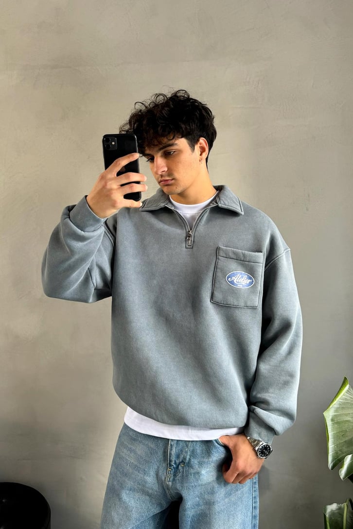 Cep Detay Polo Yaka Sweatshirt