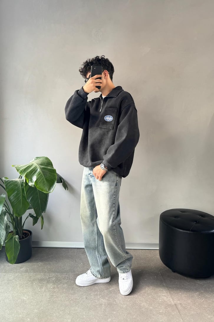 Cep Detay Polo Yaka Sweatshirt