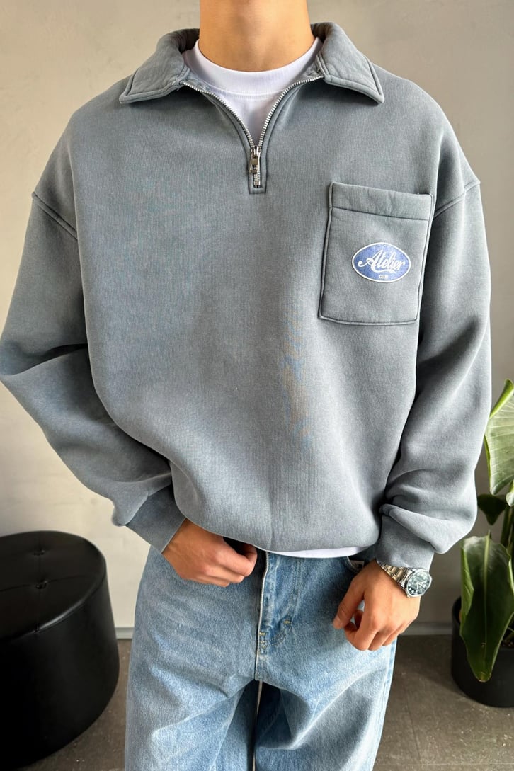 Cep Detay Polo Yaka Sweatshirt