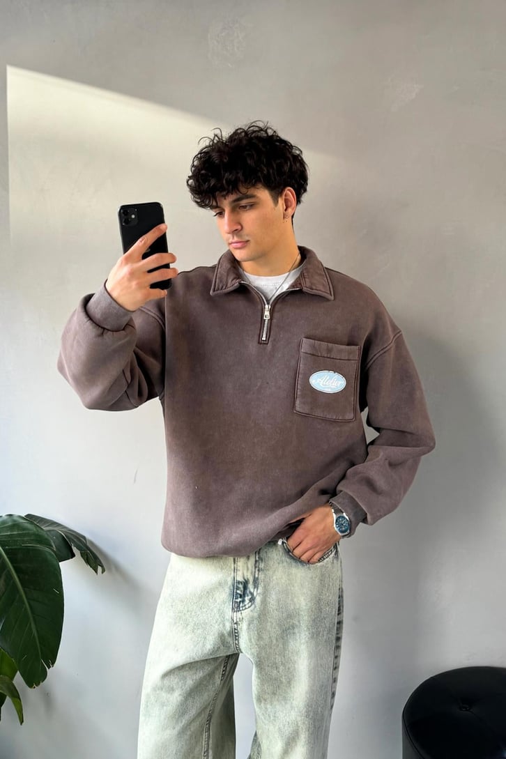 Cep Detay Polo Yaka Sweatshirt