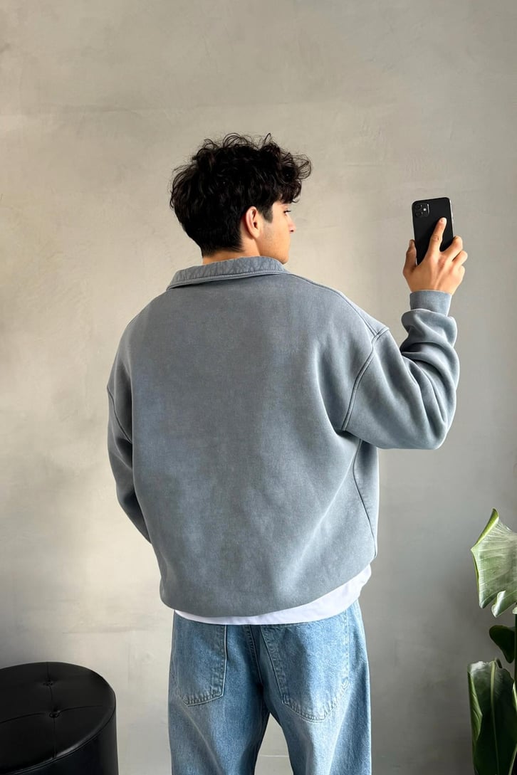 Cep Detay Polo Yaka Sweatshirt