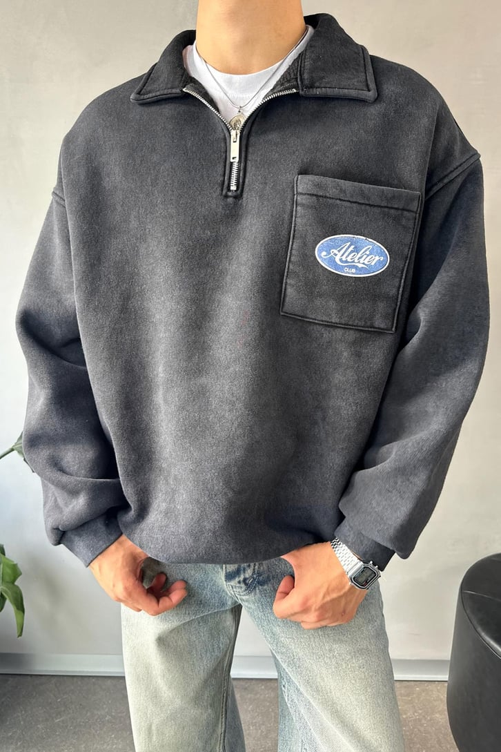 Cep Detay Polo Yaka Sweatshirt
