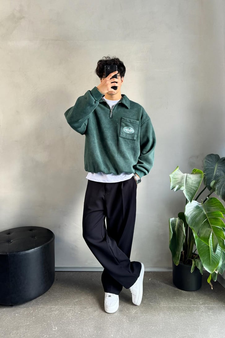 Cep Detay Polo Yaka Sweatshirt